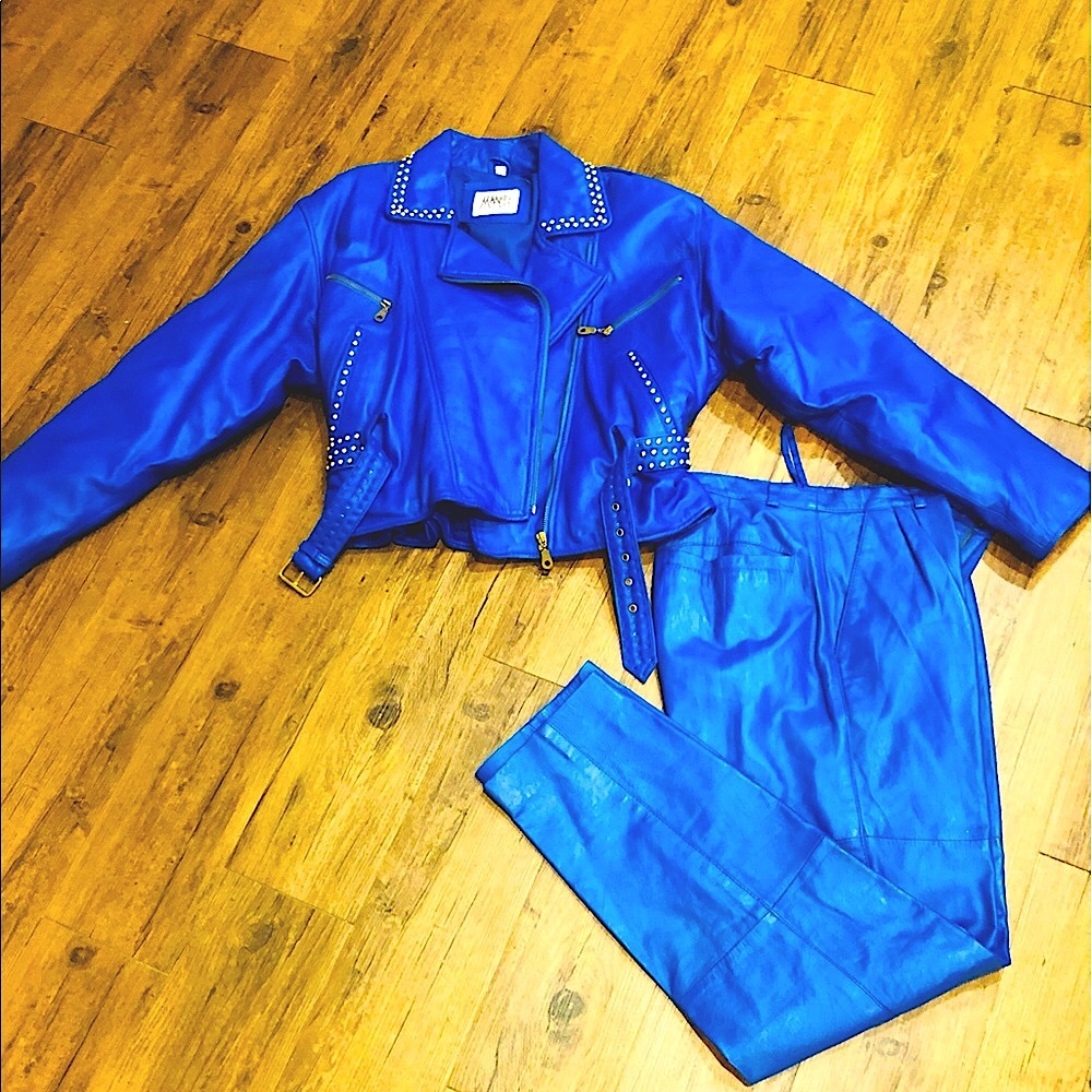 Manart Vintage Blue Leather Jacket and Pant Set! Size Large Jacket Size 10 Pant